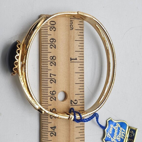 Vintage Gold Tone Hinged Bracelet With Blue Cabochon By Pcraft - Picture 5 of 5